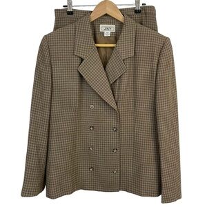 Vintage 90s Suit Set Blazer Pencil Skirt Womens 14P Brown Plaid Wool Blend EUC